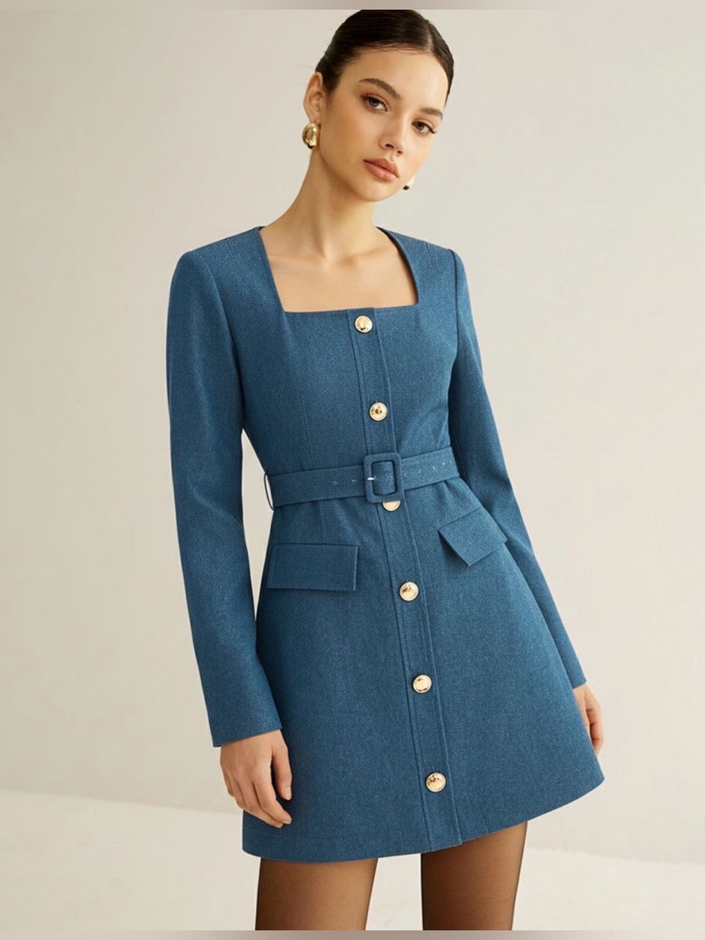 Commense Square-Neck Long Sleeve Teal Blue Dress with Gold Buttons